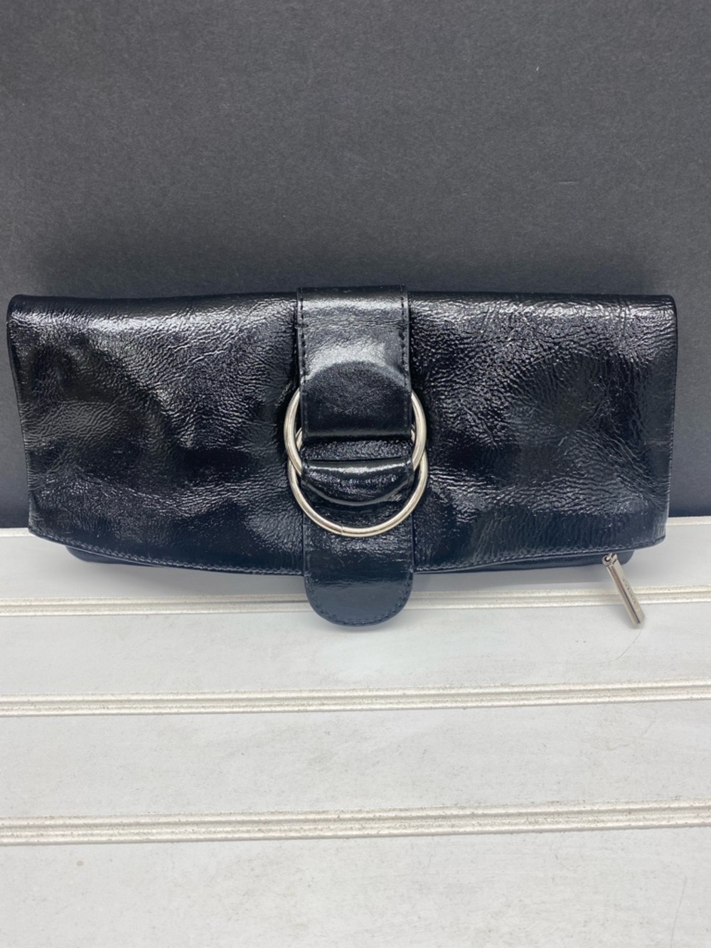 HOBO Purse Gwyneth Shiny Black Folded Snap Zip Clutch